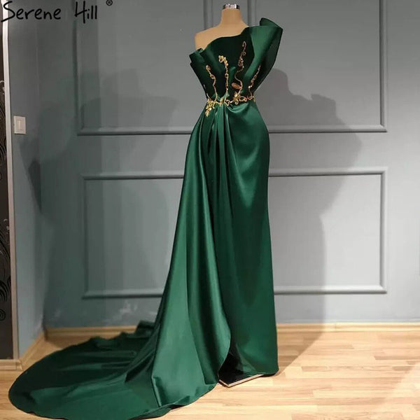 Serene Hill Green Satin Sexy Evening Dresses Gowns 2025 Mermaid One Shoulder Beading For Women Party LA70850