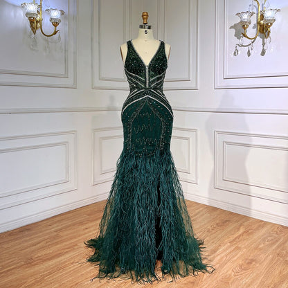 Serene Hill Green Sexy Mermaid Split Feathers Beaded Formal Arabic Luxury Prom Dress For Women Party 2025 LA71845 - SERENE HILL