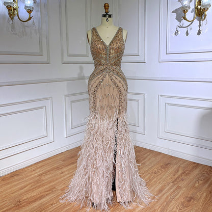 Serene Hill Green Sexy Mermaid Split Feathers Beaded Formal Arabic Luxury Prom Dress For Women Party 2025 LA71845 - SERENE HILL