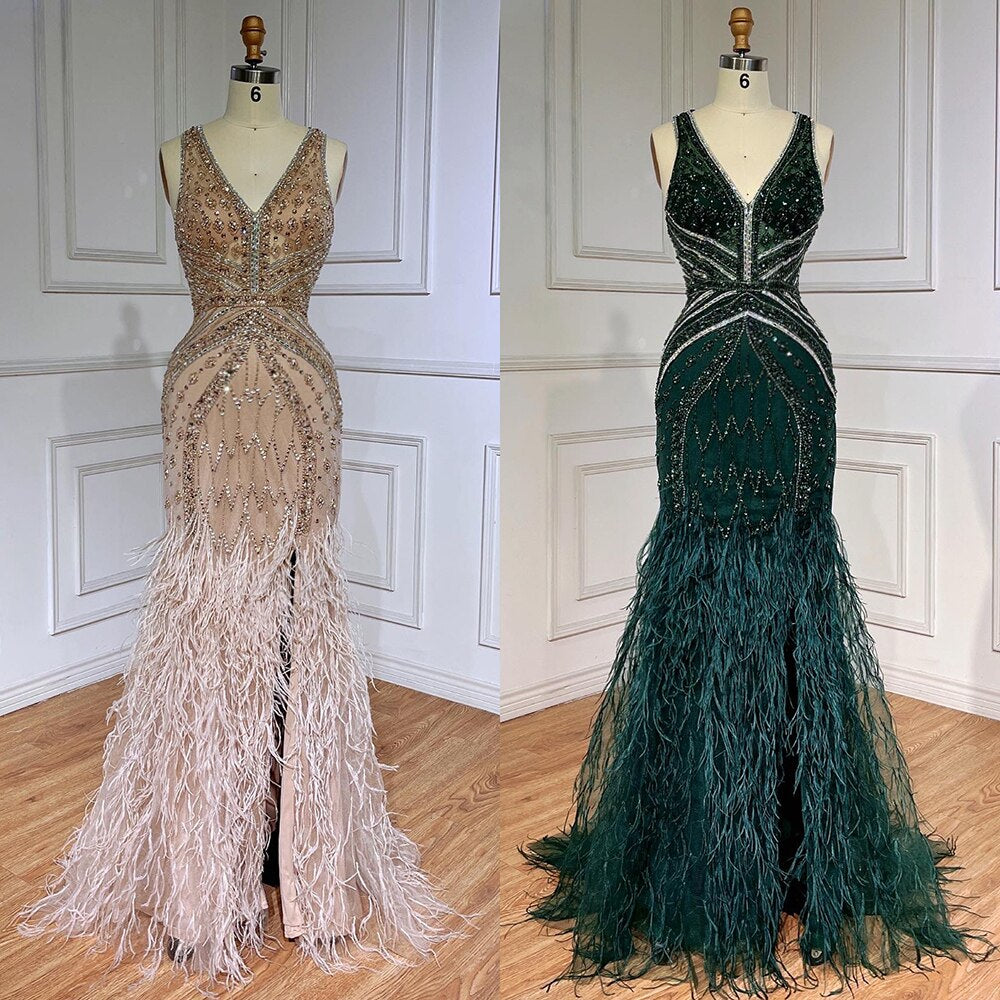 Serene Hill Green Sexy Mermaid Split Feathers Beaded Formal Arabic Luxury Prom Dress For Women Party 2025 LA71845 - SERENE HILL