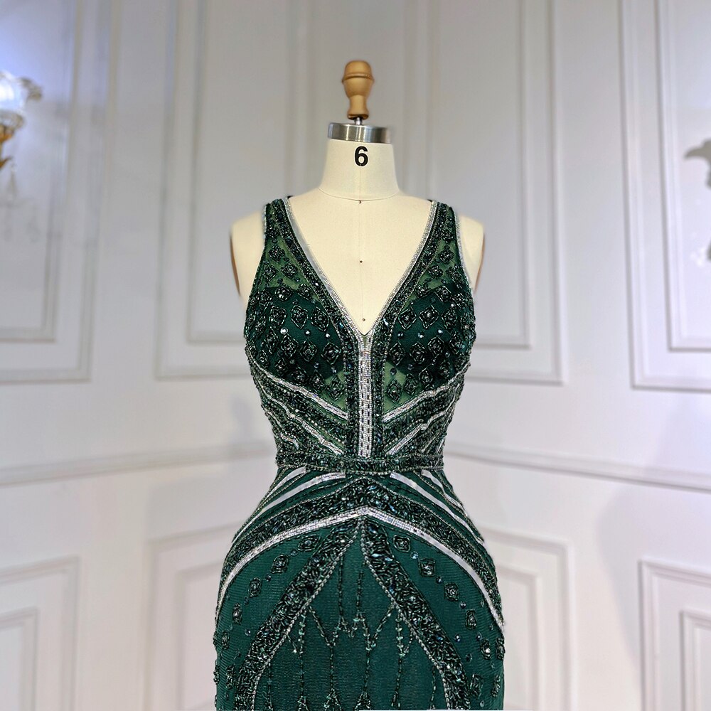 Serene Hill Green Sexy Mermaid Split Feathers Beaded Formal Arabic Luxury Prom Dress For Women Party 2025 LA71845 - SERENE HILL
