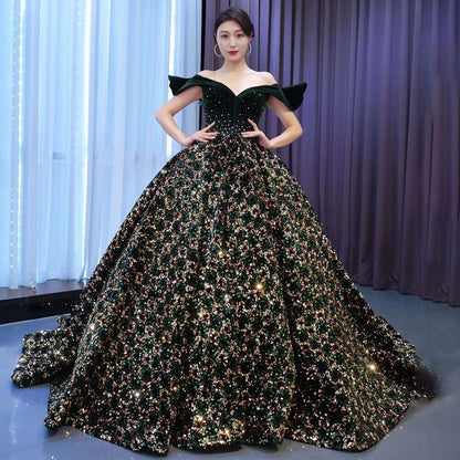Serene Hill Green Sexy Off Shoulder Luxury Sparkle Sequins Beaded Bride Gowns Wedding Dress 2025 High End Custom Made HM67477 - SERENE HILL