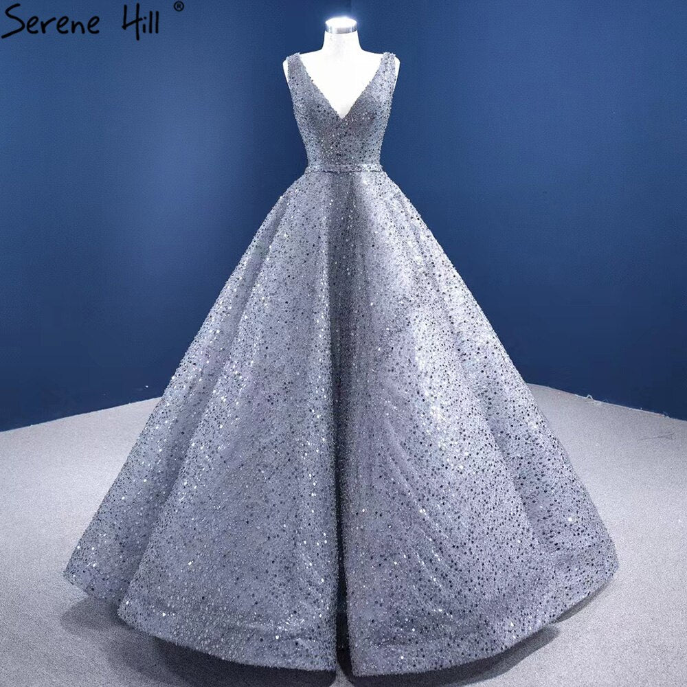 Serene Hill Grey A-Line Luxury Evening Dresses Gowns 2025 Beaded Sleeveless Lace Up For Women Party HM67288 - SERENE HILL