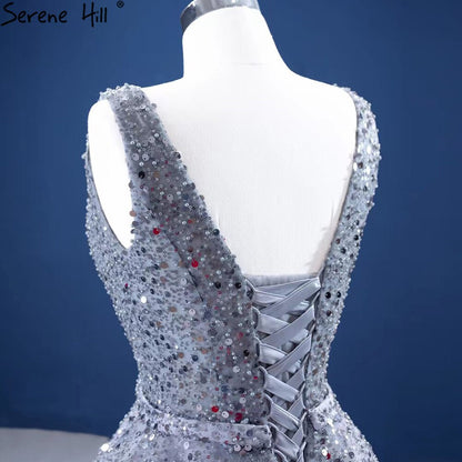Serene Hill Grey A-Line Luxury Evening Dresses Gowns 2025 Beaded Sleeveless Lace Up For Women Party HM67288 - SERENE HILL
