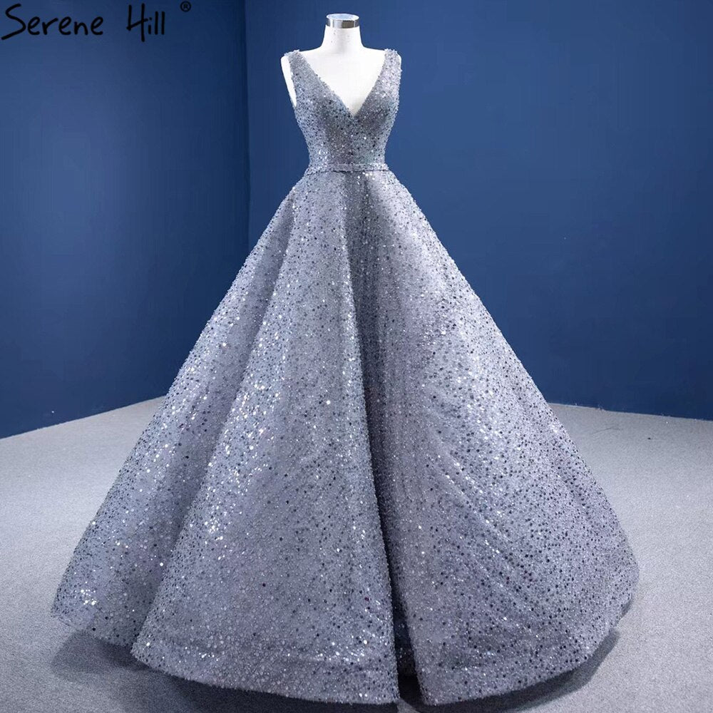 Serene Hill Grey A-Line Luxury Evening Dresses Gowns 2025 Beaded Sleeveless Lace Up For Women Party HM67288 - SERENE HILL
