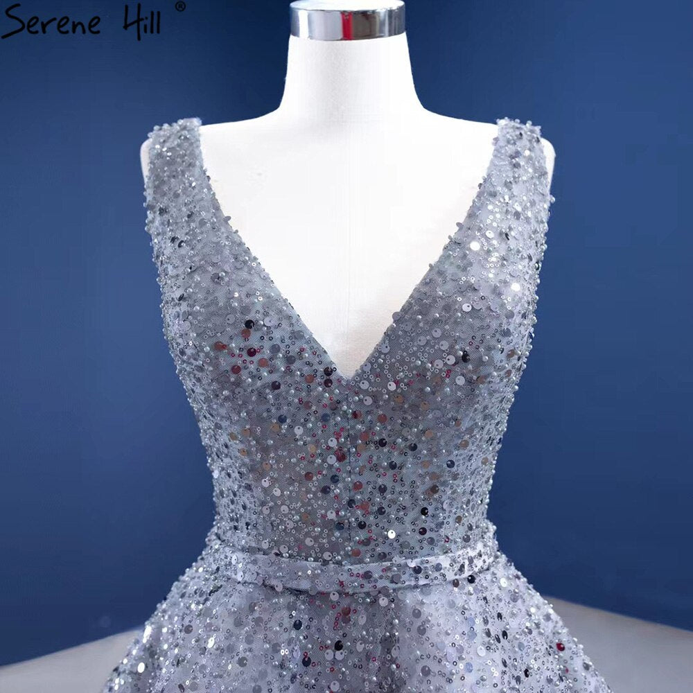 Serene Hill Grey A-Line Luxury Evening Dresses Gowns 2025 Beaded Sleeveless Lace Up For Women Party HM67288 - SERENE HILL