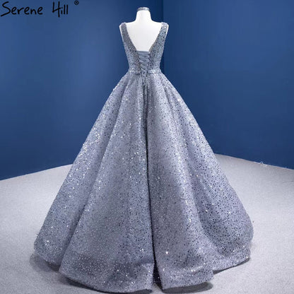 Serene Hill Grey A-Line Luxury Evening Dresses Gowns 2025 Beaded Sleeveless Lace Up For Women Party HM67288 - SERENE HILL