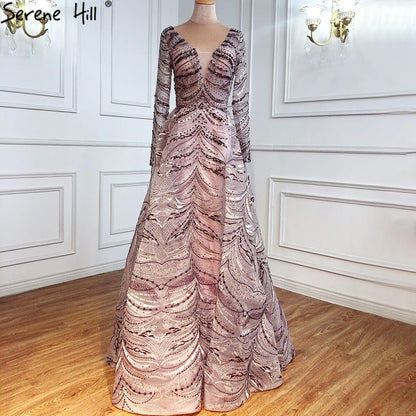 Serene Hill Grey A-Line Luxury Evening Dresses Gowns 2025 Lace Beaded Crystal Sexy For Woman Party LA71171 - SERENE HILL