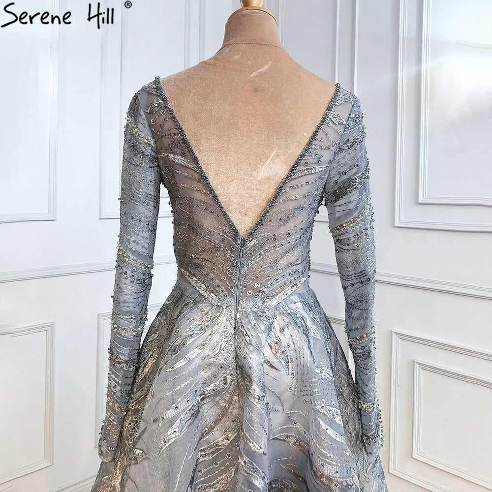 Serene Hill Grey A-Line Luxury Evening Dresses Gowns 2025 Lace Beaded Crystal Sexy For Woman Party LA71171 - SERENE HILL