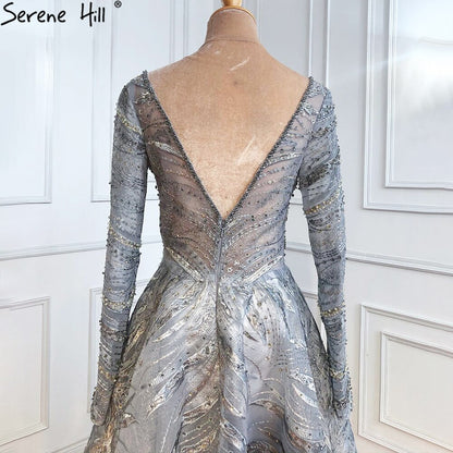 Serene Hill Grey A-Line Luxury Evening Dresses Gowns 2025 Lace Beaded Crystal Sexy For Woman Party LA71171 - SERENE HILL