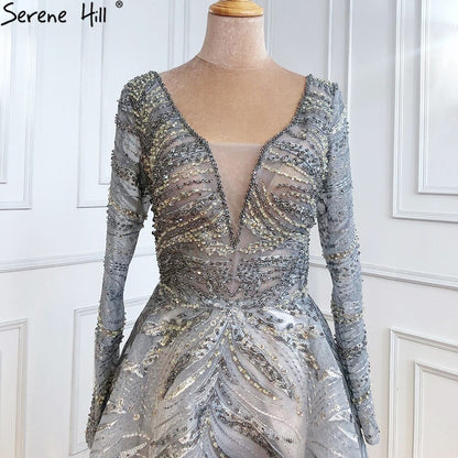 Serene Hill Grey A-Line Luxury Evening Dresses Gowns 2025 Lace Beaded Crystal Sexy For Woman Party LA71171 - SERENE HILL