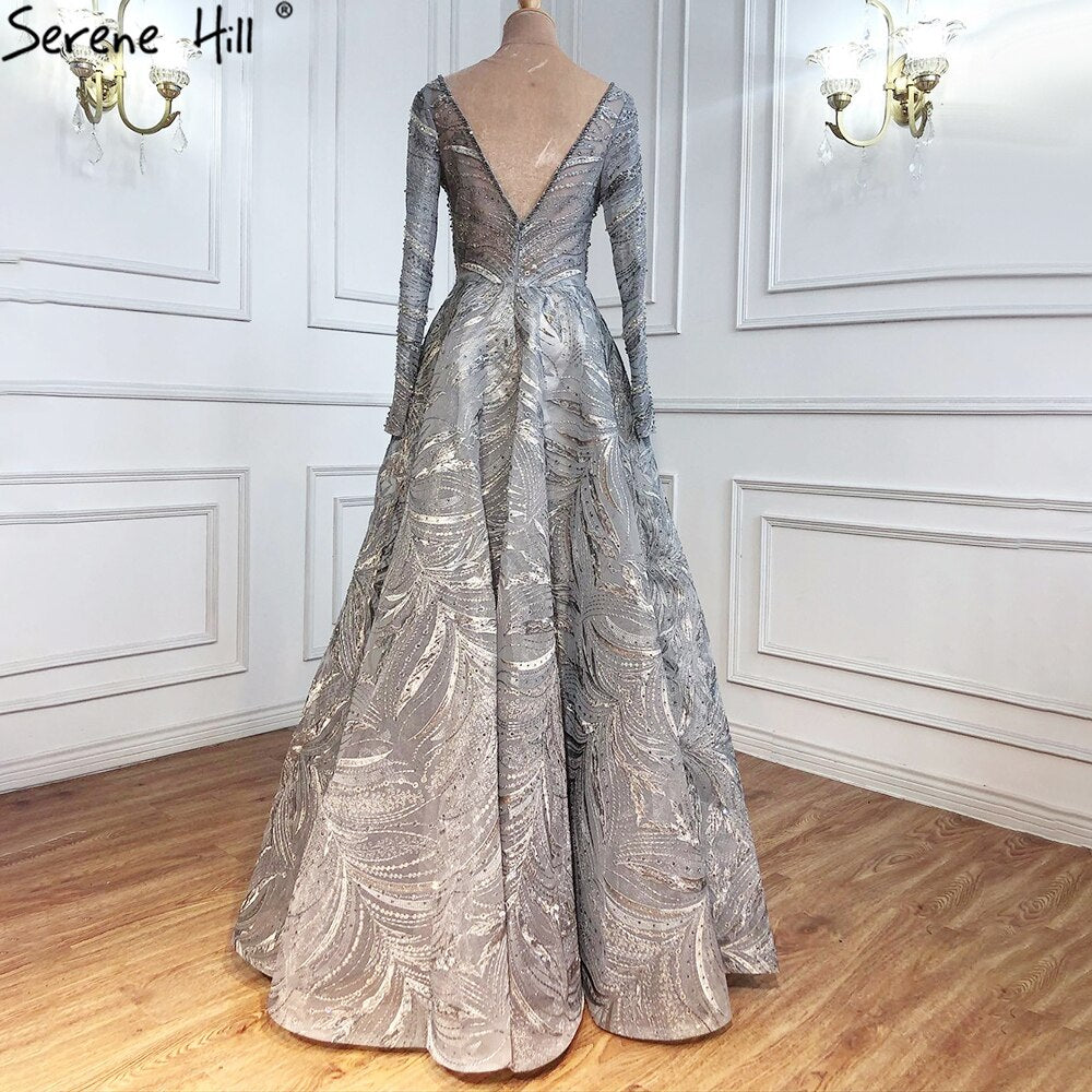 Serene Hill Grey A-Line Luxury Evening Dresses Gowns 2025 Lace Beaded Crystal Sexy For Woman Party LA71171 - SERENE HILL