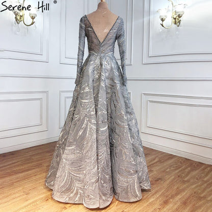 Serene Hill Grey A-Line Luxury Evening Dresses Gowns 2025 Lace Beaded Crystal Sexy For Woman Party LA71171 - SERENE HILL