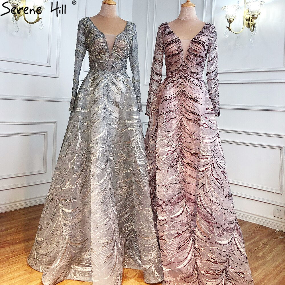 Serene Hill Grey A-Line Luxury Evening Dresses Gowns 2025 Lace Beaded Crystal Sexy For Woman Party LA71171 - SERENE HILL