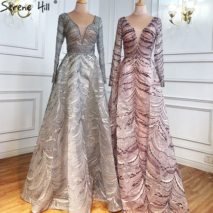 Serene Hill Grey A-Line Luxury Evening Dresses Gowns 2025 Lace Beaded Crystal Sexy For Woman Party LA71171 - SERENE HILL