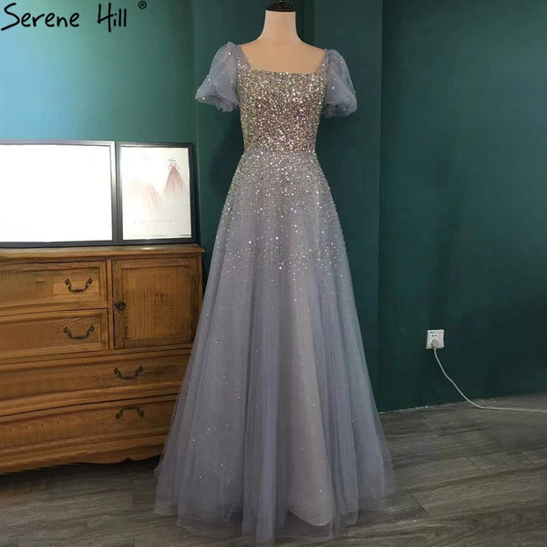 Serene Hill Grey A-Line Luxury Evening Dresses Gowns 2025 Short Sleeves Beaded Sexy For Women Party LA71153A