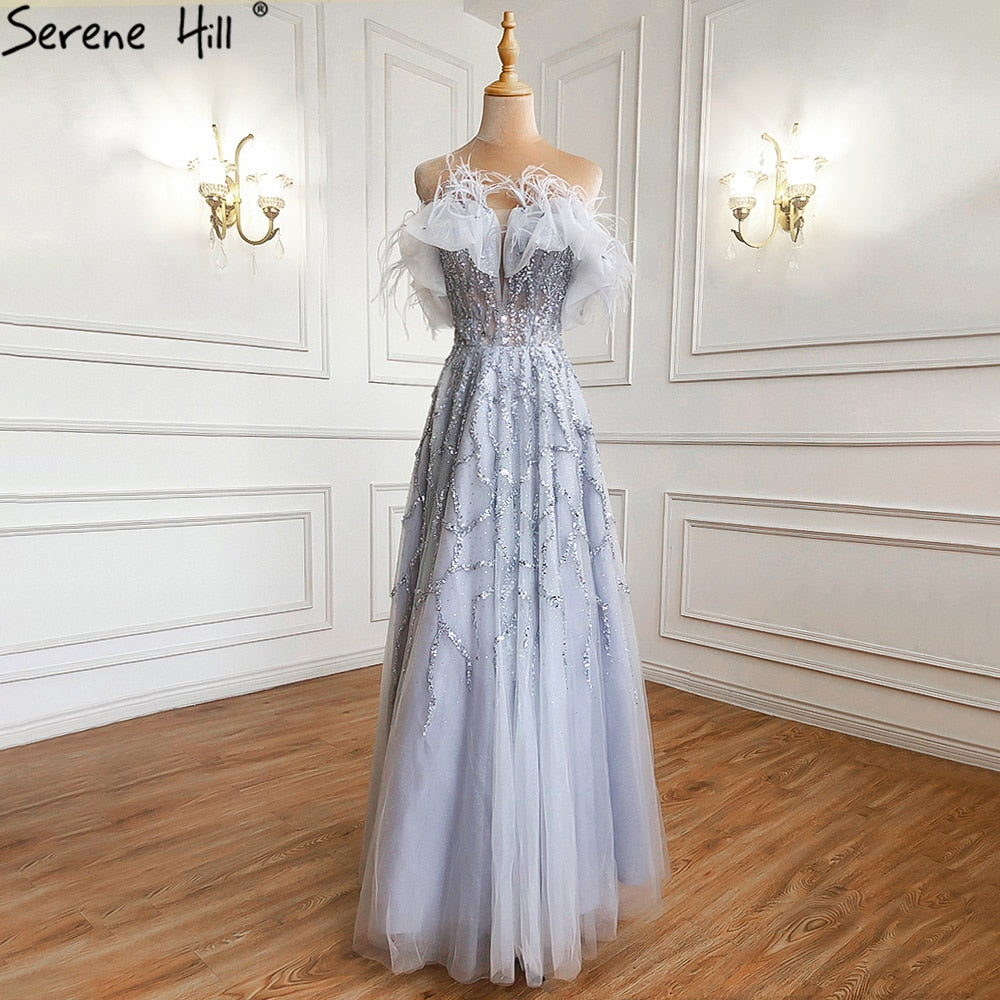 Luxury Turquoise Beaded Feather A Line Evening Dress LA71328 - SERENE HILL