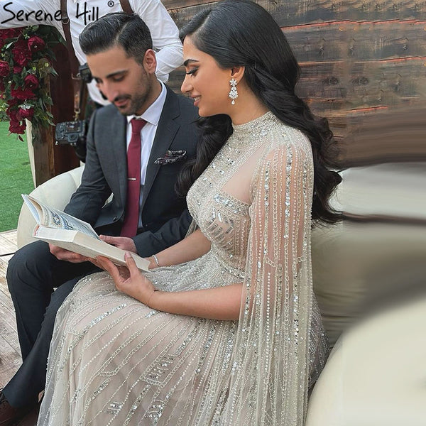 Luxury Designer Grey Nude Arabic Beaded Evening Dress with Cape Sleeves LA71047