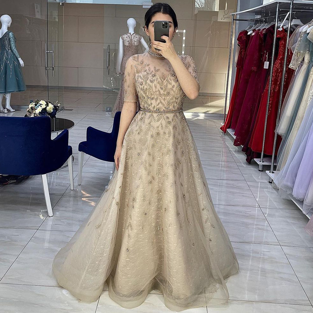 Serene Hill Grey Beaded Sparkle A-Line Evening Dresses Gowns 2025 Half Sleeves Luxury For Women Party LA71378 - SERENE HILL
