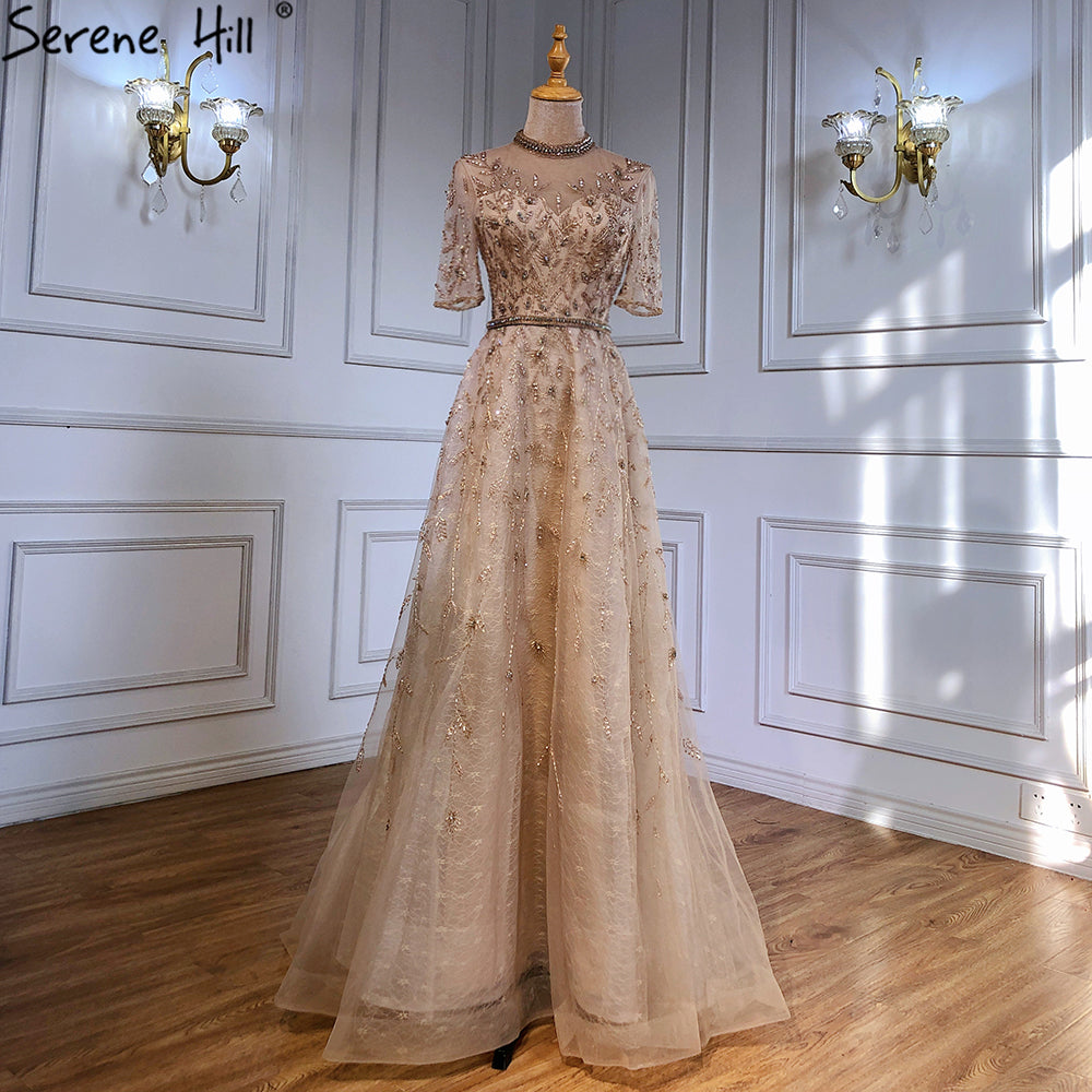 Serene Hill Grey Beaded Sparkle A-Line Evening Dresses Gowns 2025 Half Sleeves Luxury For Women Party LA71378 - SERENE HILL