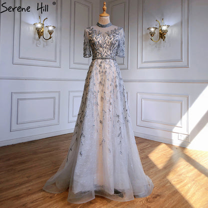 Serene Hill Grey Beaded Sparkle A-Line Evening Dresses Gowns 2025 Half Sleeves Luxury For Women Party LA71378 - SERENE HILL