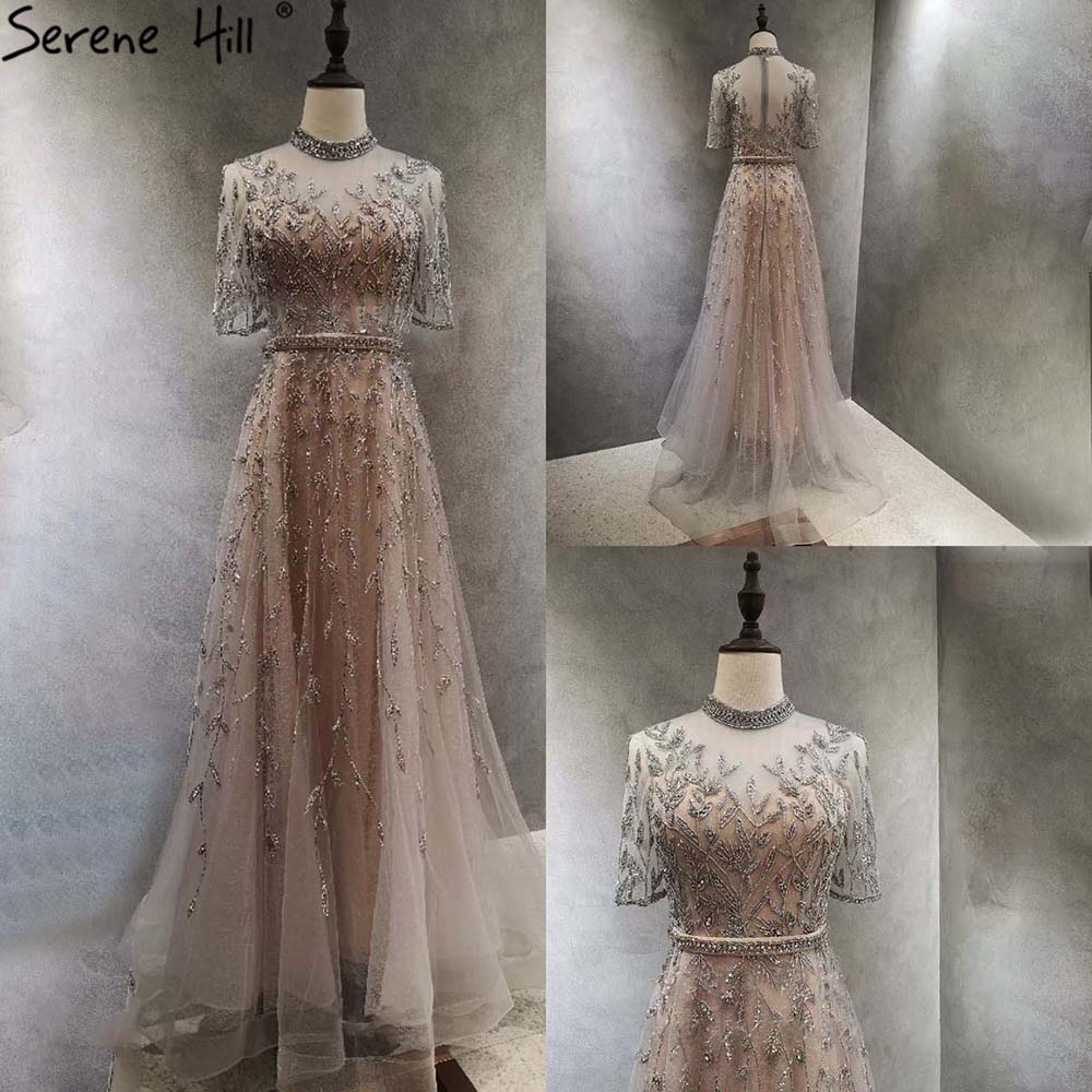 Serene Hill Grey Beaded Sparkle A-Line Evening Dresses Gowns 2025 Half Sleeves Luxury For Women Party LA71378 - SERENE HILL