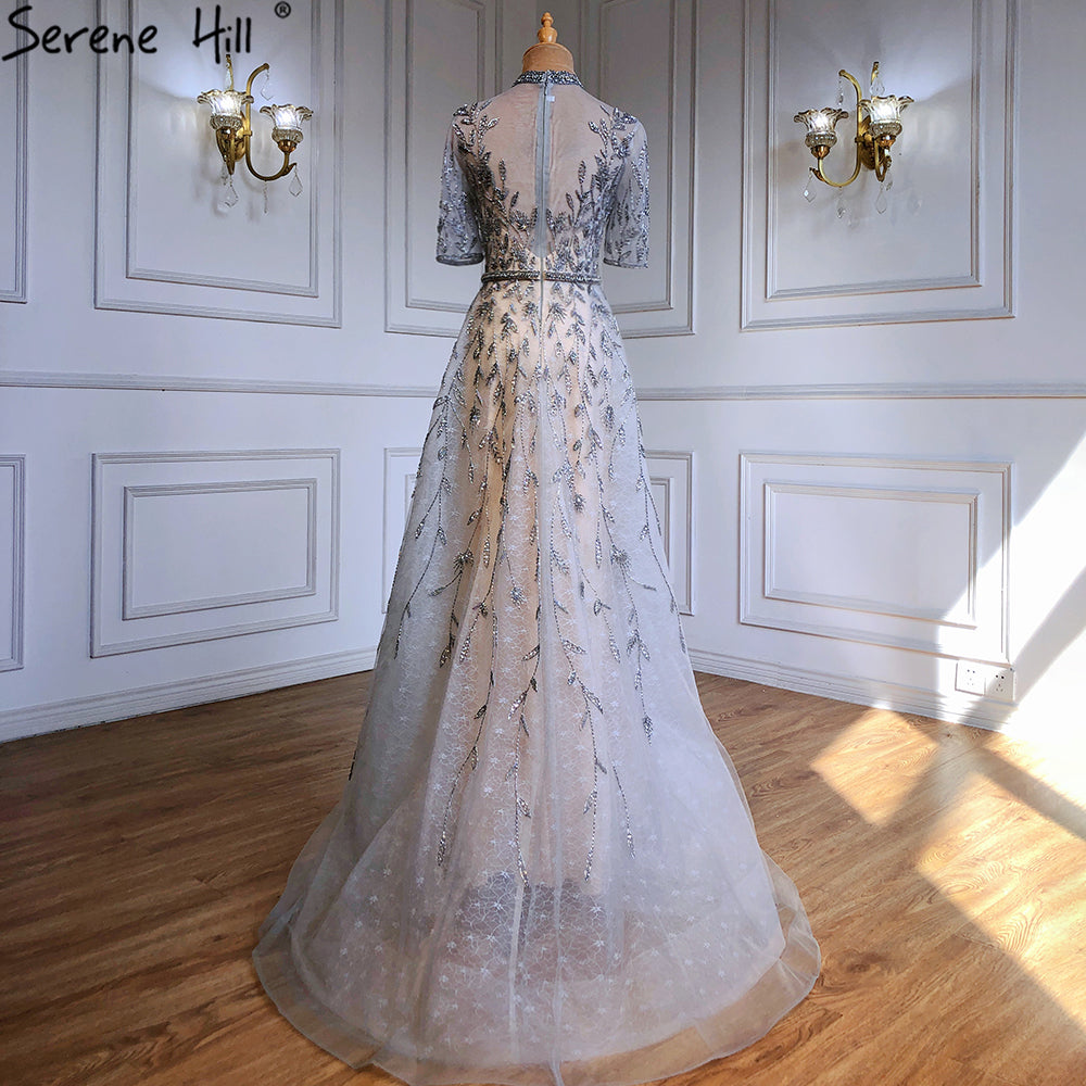 Serene Hill Grey Beaded Sparkle A-Line Evening Dresses Gowns 2025 Half Sleeves Luxury For Women Party LA71378 - SERENE HILL