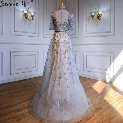Serene Hill Grey Beaded Sparkle A-Line Evening Dresses Gowns 2025 Half Sleeves Luxury For Women Party LA71378 - SERENE HILL