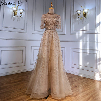 Serene Hill Grey Beaded Sparkle A-Line Evening Dresses Gowns 2025 Half Sleeves Luxury For Women Party LA71378 - SERENE HILL