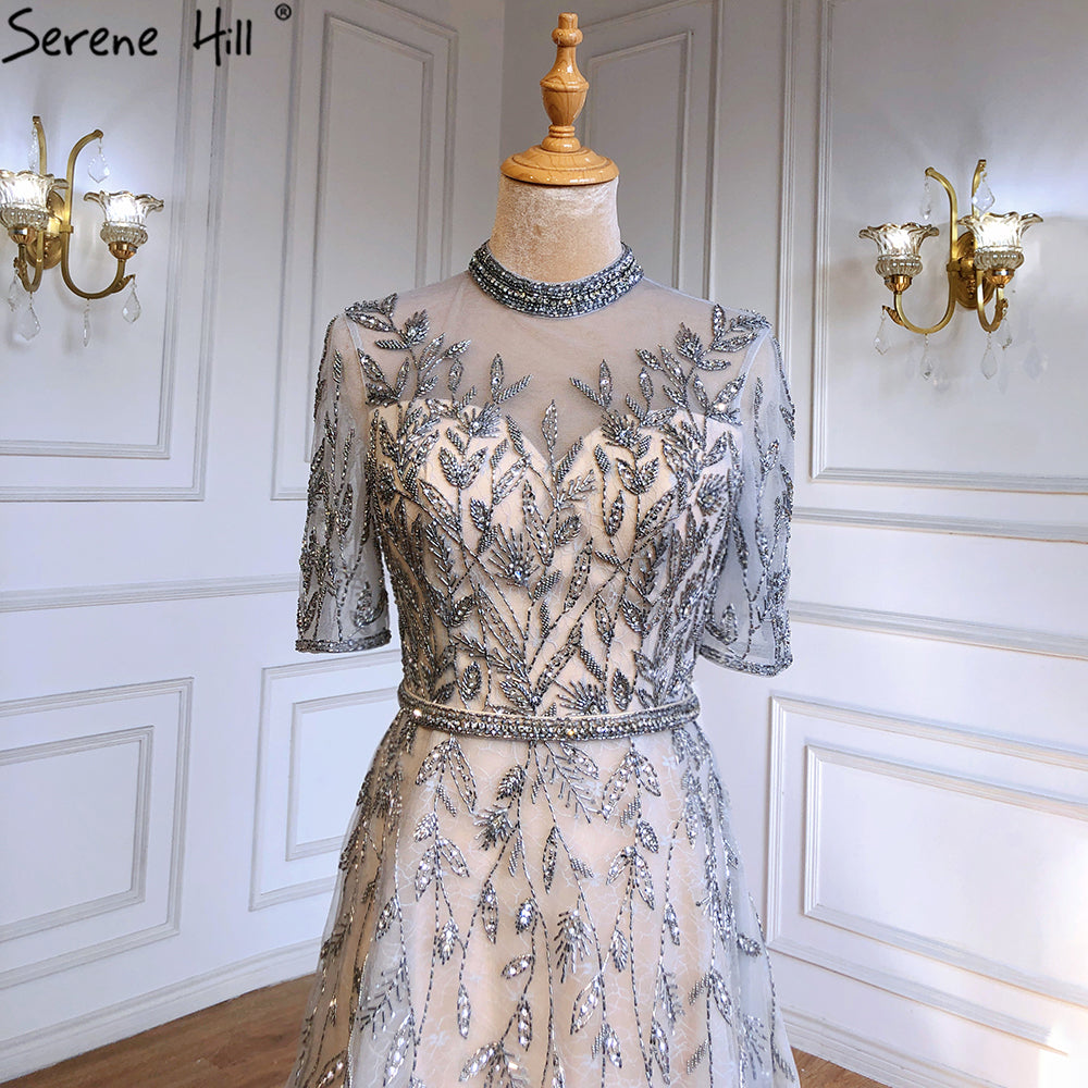 Serene Hill Grey Beaded Sparkle A-Line Evening Dresses Gowns 2025 Half Sleeves Luxury For Women Party LA71378 - SERENE HILL
