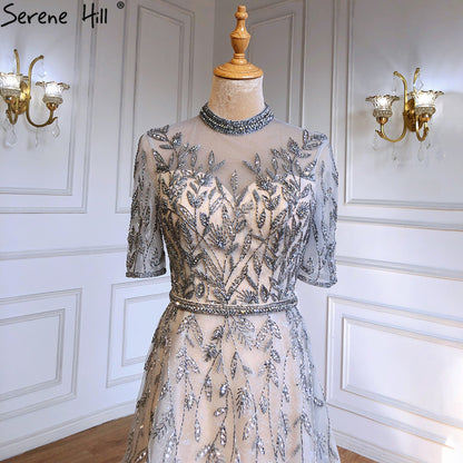 Serene Hill Grey Beaded Sparkle A-Line Evening Dresses Gowns 2025 Half Sleeves Luxury For Women Party LA71378 - SERENE HILL