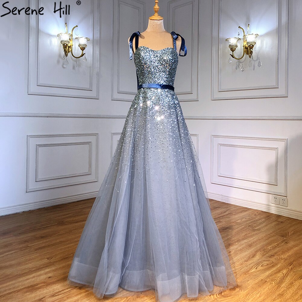 Serene Hill Grey Blue A-Line Luxury Evening Dresses Gowns 2025 Spaghetti Strap Beading Sexy For Women Party LA70888 - SERENE HILL