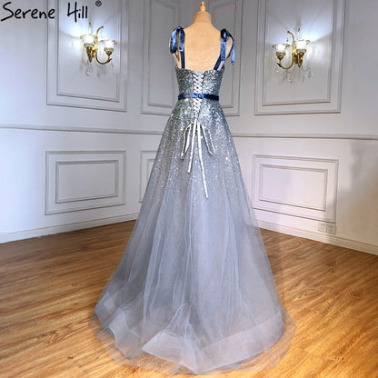 Serene Hill Grey Blue A-Line Luxury Evening Dresses Gowns 2025 Spaghetti Strap Beading Sexy For Women Party LA70888 - SERENE HILL
