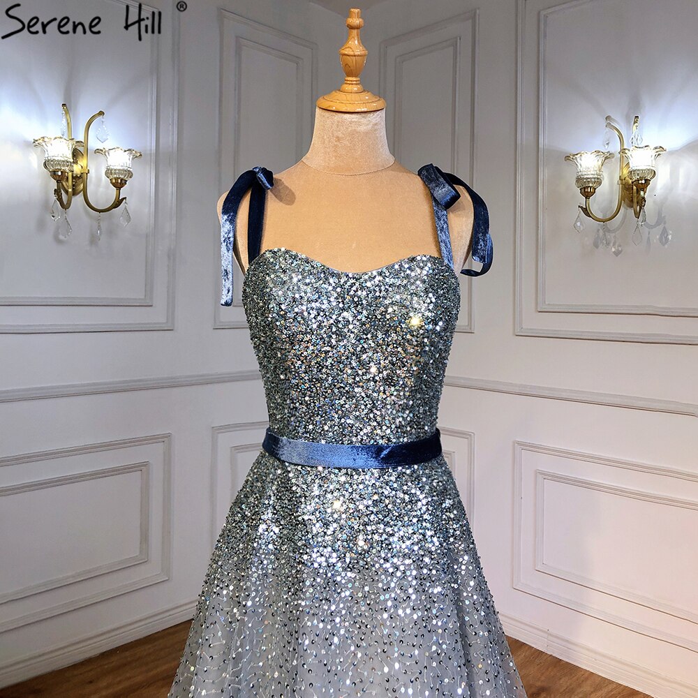 Serene Hill Grey Blue A-Line Luxury Evening Dresses Gowns 2025 Spaghetti Strap Beading Sexy For Women Party LA70888 - SERENE HILL