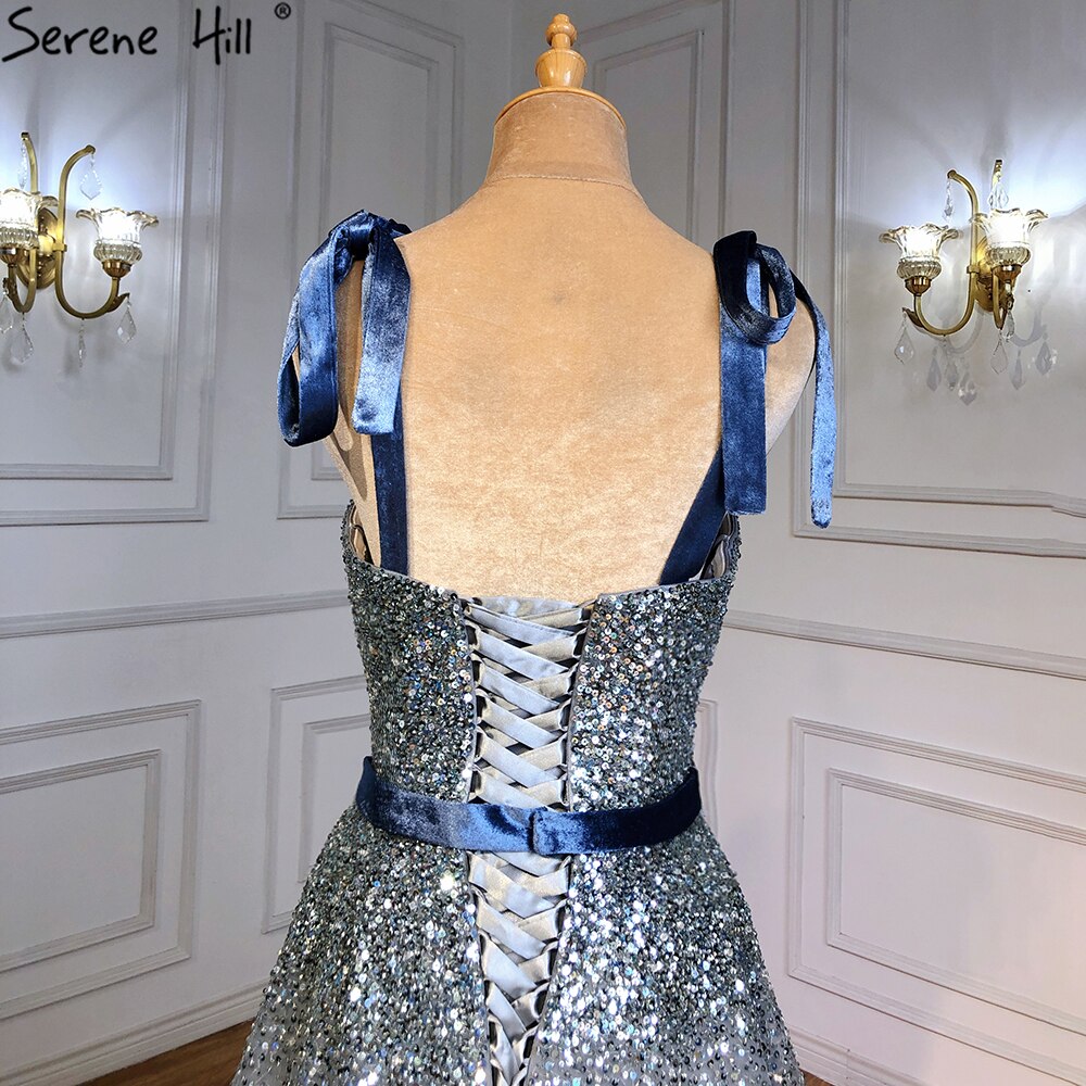 Serene Hill Grey Blue A-Line Luxury Evening Dresses Gowns 2025 Spaghetti Strap Beading Sexy For Women Party LA70888 - SERENE HILL