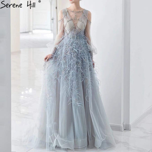 Serene Hill Grey Luxury A-Line Evening Dresses Gowns 2025 Long Sleeves Diamond Feather For Women Party LA71495