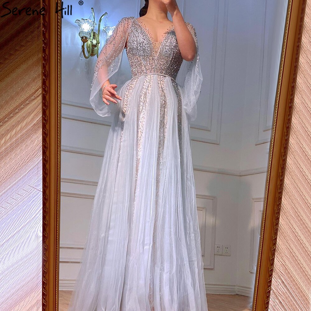 Serene Hill Grey Luxury A-Line Sexy Evening Dresses Gowns 2025 Diamond Beading Elegant For Women Party LA70788 - SERENE HILL