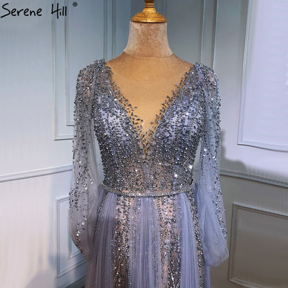 Serene Hill Grey Luxury A-Line Sexy Evening Dresses Gowns 2025 Diamond Beading Elegant For Women Party LA70788 - SERENE HILL