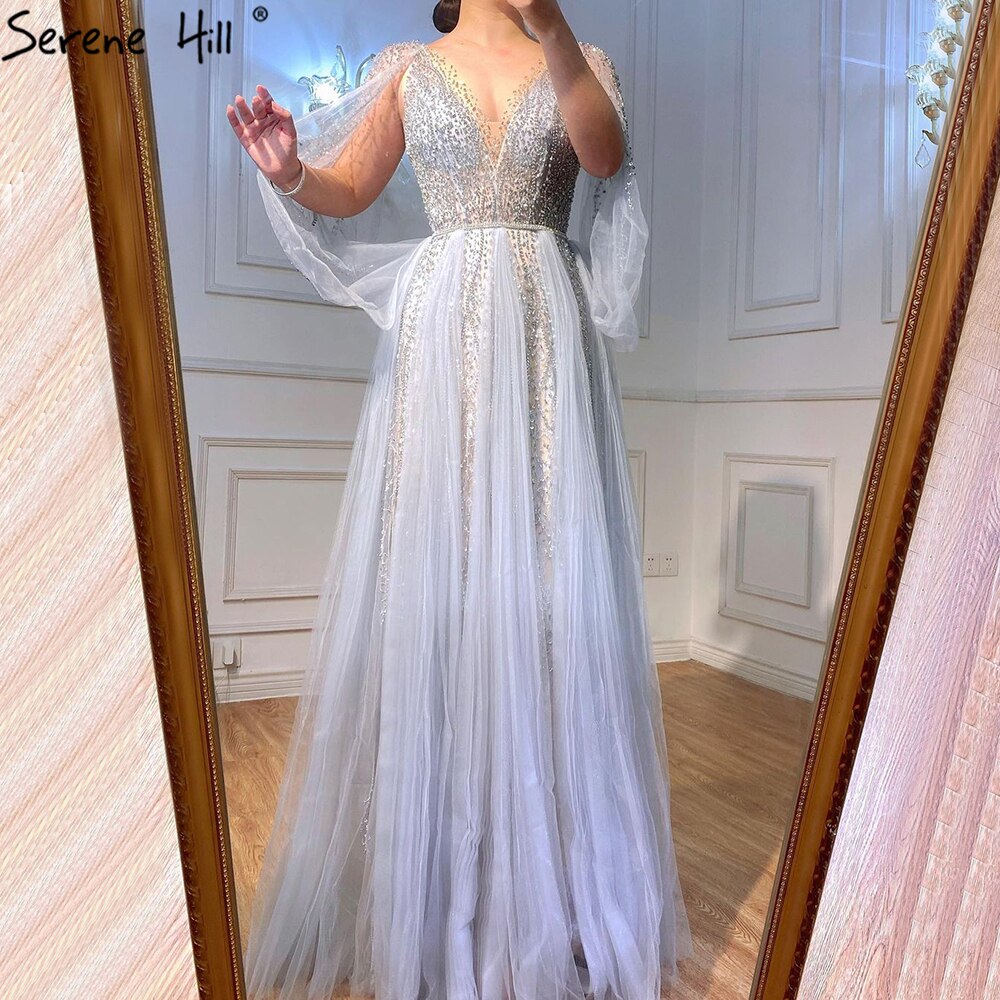 Serene Hill Grey Luxury A-Line Sexy Evening Dresses Gowns 2025 Diamond Beading Elegant For Women Party LA70788 - SERENE HILL