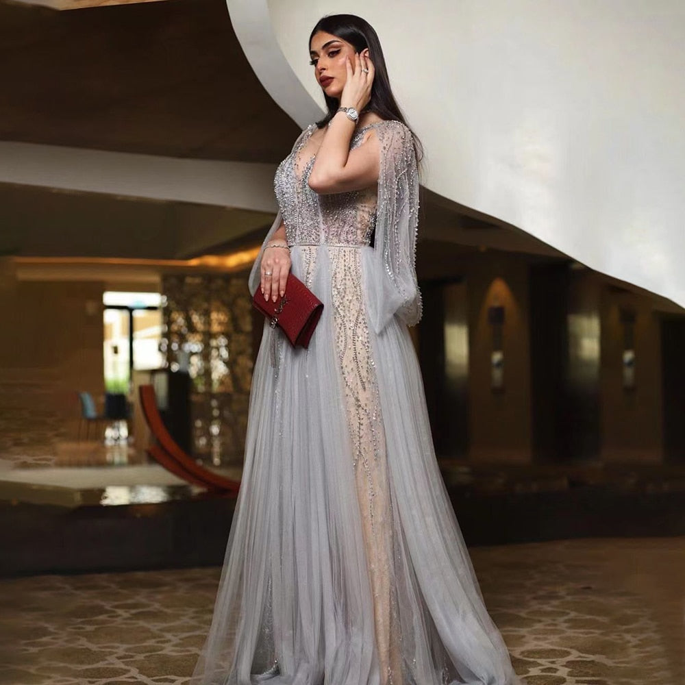 Serene Hill Grey Luxury A-Line Sexy Evening Dresses Gowns Diamond Beaded Elegant 2025 For Women Party LA70788 - SERENE HILL