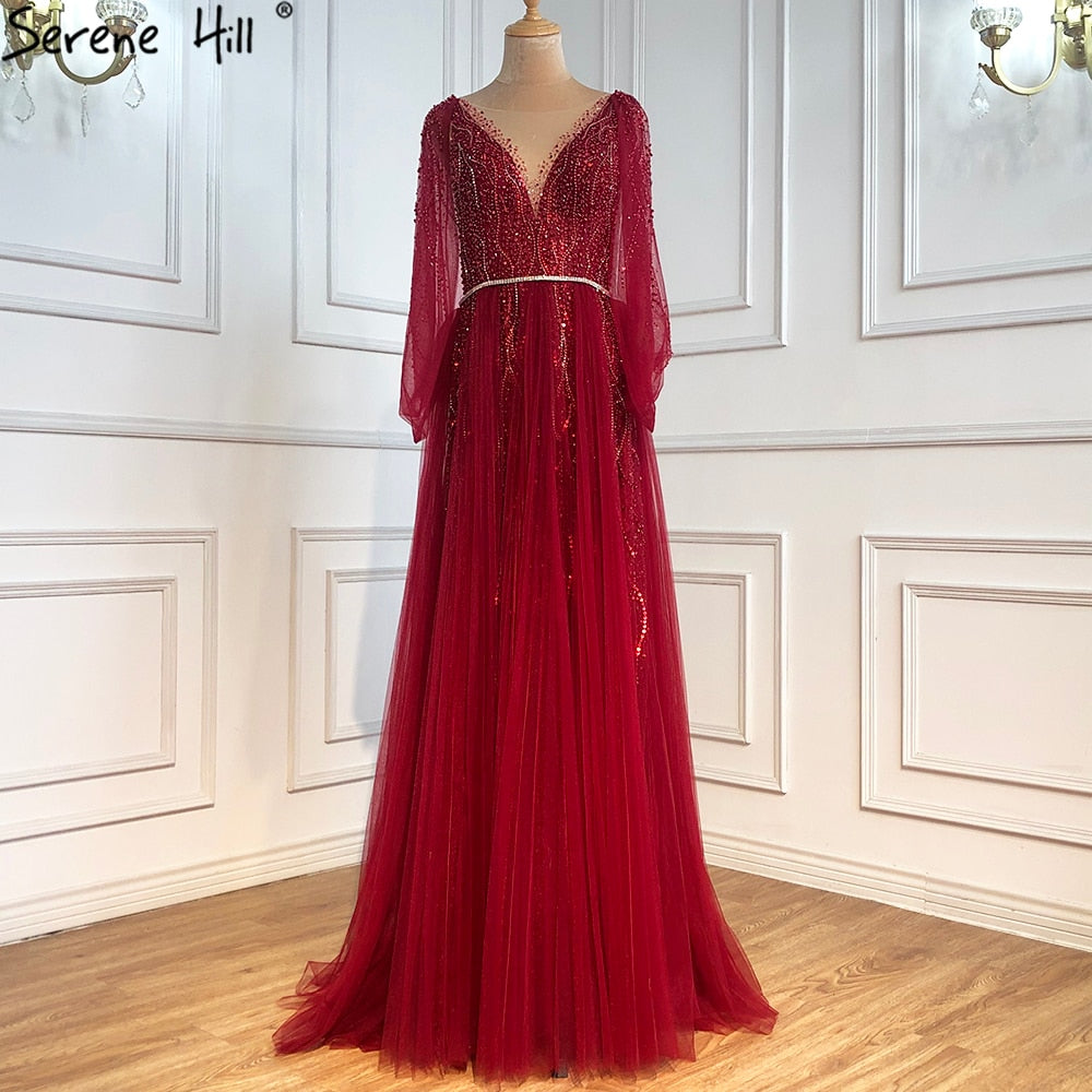 Serene Hill Grey Luxury A-Line Sexy Evening Dresses Gowns Diamond Beaded Elegant 2025 For Women Party LA70788 wine red / 4