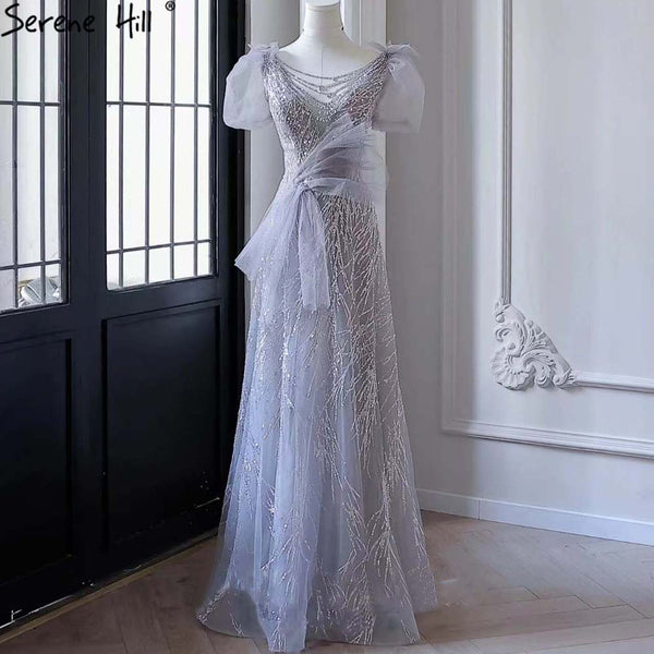 Serene Hill Grey Luxury Puffy Sleeves Evening Dresses Gowns 2025 Beaded A-Line For Women Party LA71474
