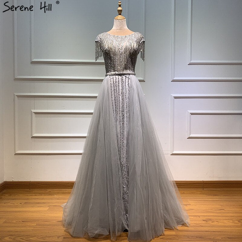 Serene Hill Grey Luxury With Train Evening Dresses Gowns 2025 Beading Tassel Cap Sleeve For Woman Party LA60874 - SERENE HILL