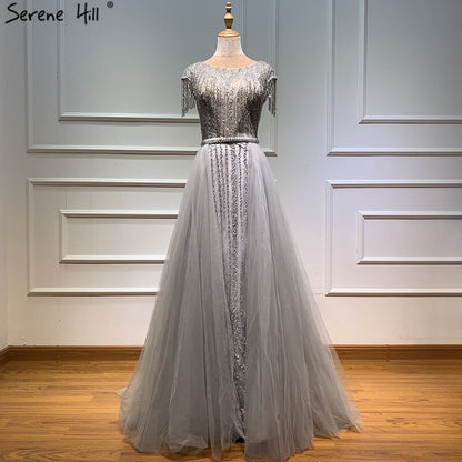 Serene Hill Grey Luxury With Train Evening Dresses Gowns 2025 Beading Tassel Cap Sleeve For Woman Party LA60874 - SERENE HILL