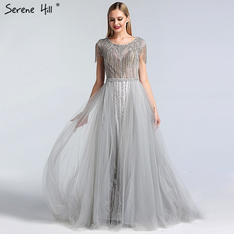 Serene Hill Grey Luxury With Train Evening Dresses Gowns 2025 Beading Tassel Cap Sleeve For Woman Party LA60874 - SERENE HILL