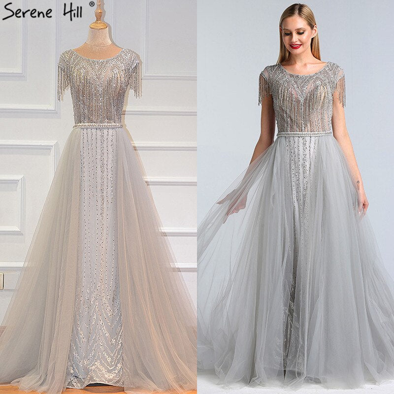 Serene Hill Grey Luxury With Train Evening Dresses Gowns 2025 Beading Tassel Cap Sleeve For Woman Party LA60874 - SERENE HILL