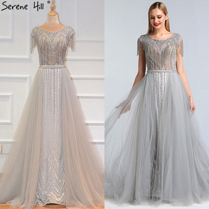 Serene Hill Grey Luxury With Train Evening Dresses Gowns 2025 Beading Tassel Cap Sleeve For Woman Party LA60874 - SERENE HILL