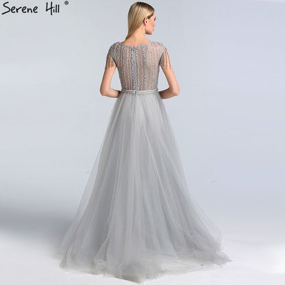 Serene Hill Grey Luxury With Train Evening Dresses Gowns 2025 Beading Tassel Cap Sleeve For Woman Party LA60874 - SERENE HILL