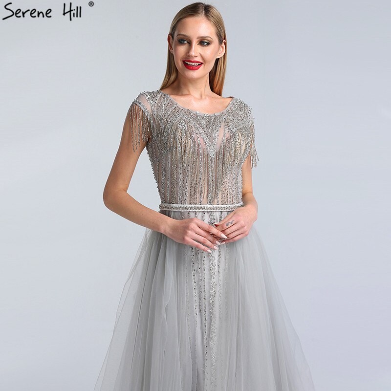 Serene Hill Grey Luxury With Train Evening Dresses Gowns 2025 Beading Tassel Cap Sleeve For Woman Party LA60874 - SERENE HILL