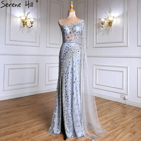 Serene Hill Grey Mermaid Elegant Evening Dresses Gowns 2025 Luxury Beaded Cape Sleeve For Women Party LA71415